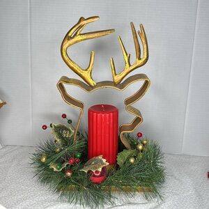 Candle Holder Deer  Head CENTERPIECE with Greenery &  Red Accents